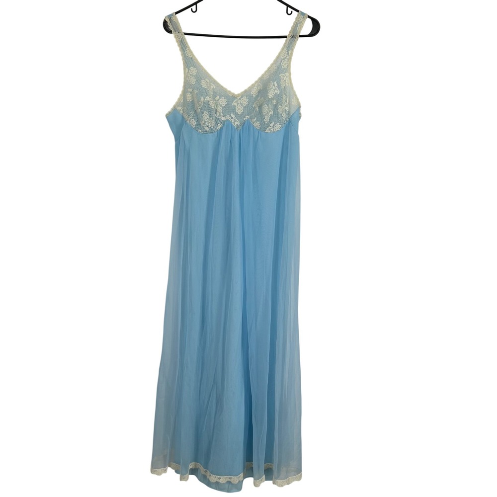 Vintage Formfit Rogers Blue Lace Maxi Nightgown Made in USA Womens Medium 12-14